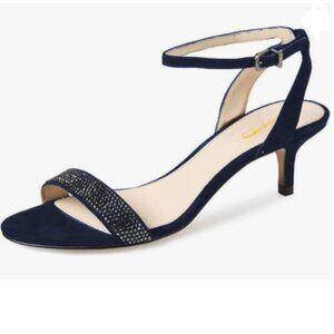 XYD Navy Open Toe Ankle Strap Wedding Kitten Heels Rhinestones Studded Sandals